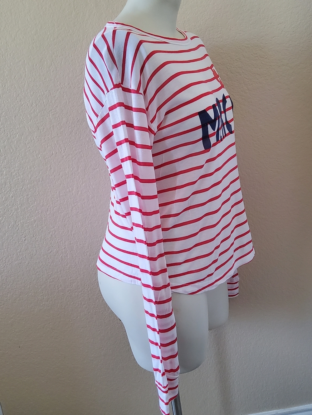 NWOT Sundry "Merci" Striped 100% Cotton Long Sleeve Tee Top Size L Red White - Picture 4 of 8